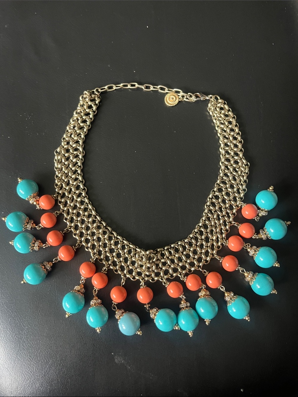 Gold-Tone Bib Necklace with Turquoise Blue and Coral Beads